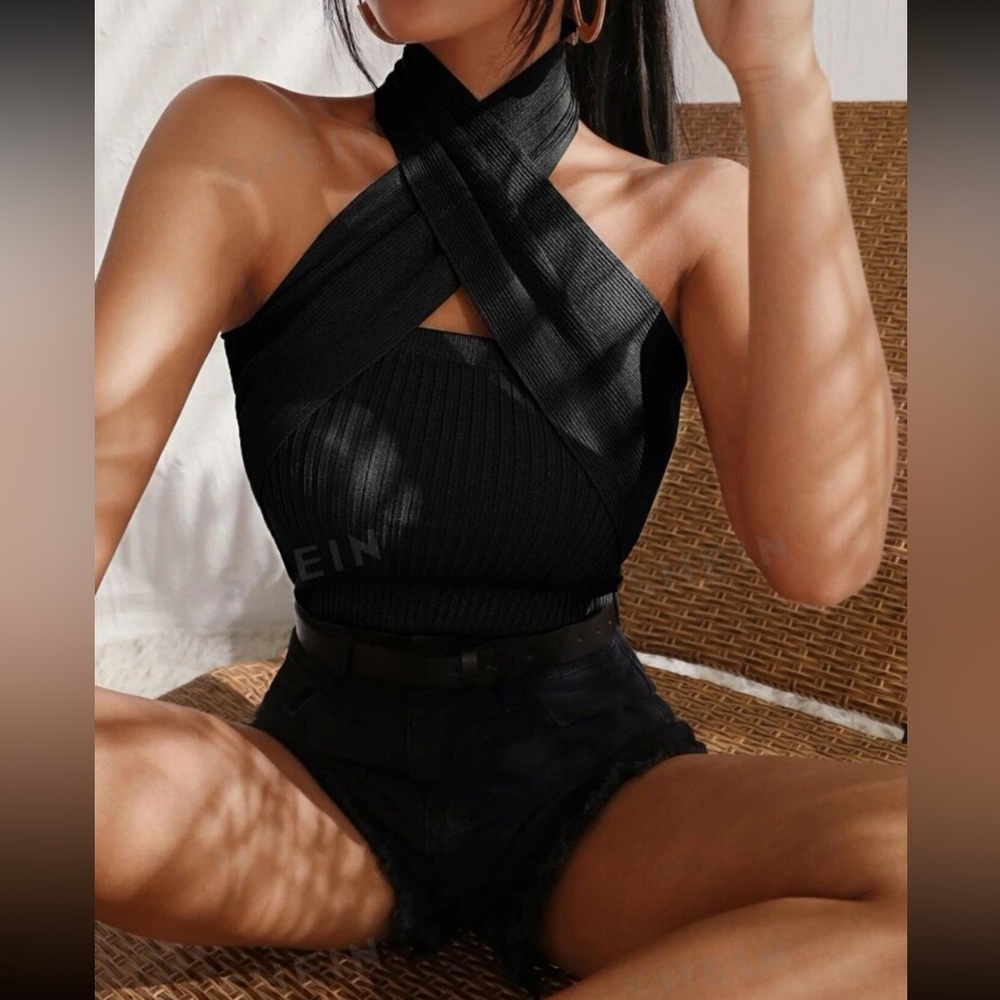Next Day Ship SHEIN M Black Top Sleeveless Halter Tank Dressy Cross